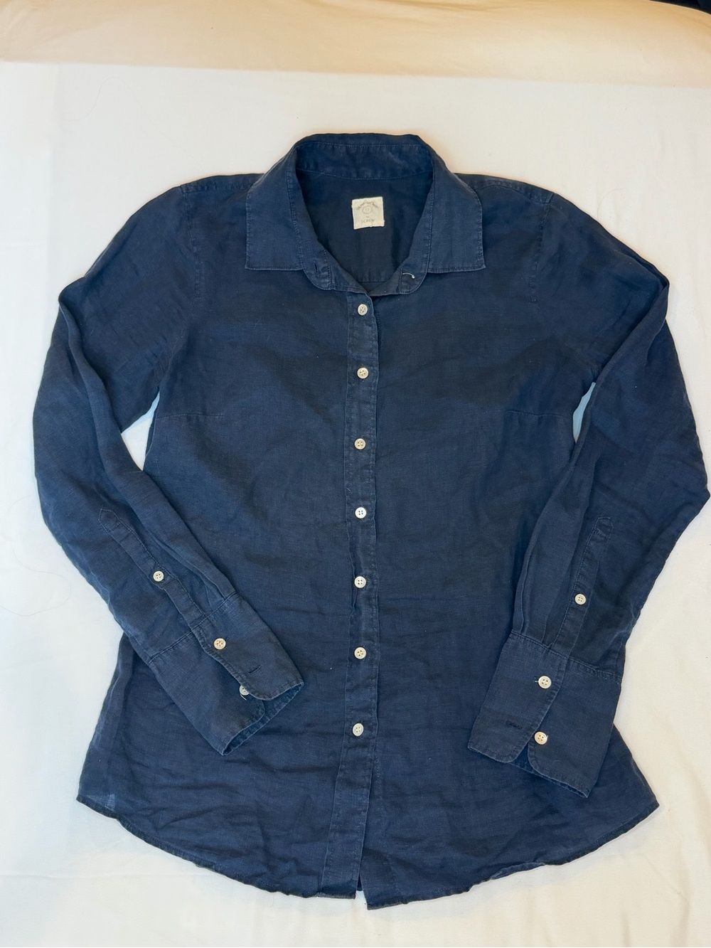 J.Crew The Perfect Shirt Women’s M 100% Linen Navy Blue Button Up Long Sleeve